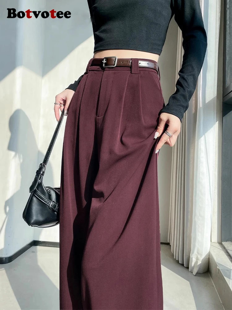 Botvotee Burgundy Suits Pants for Women Office Lady Elegant High Waist Wide Leg Fashion Trousers with Pockets Black Gray 251029