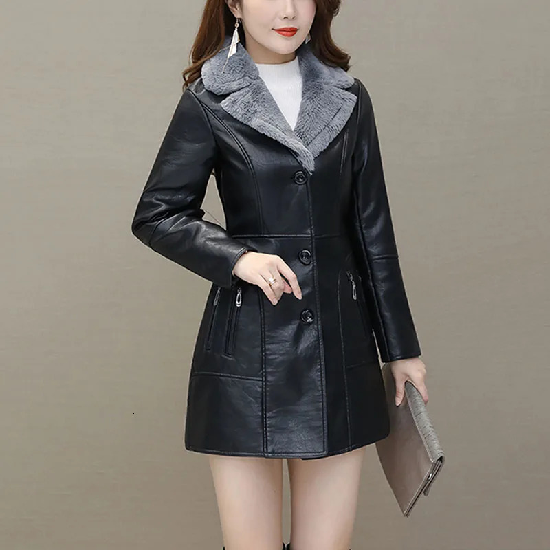 Womens Leather Windbreaker Plus Velvet Thick PU Leather Cotton Coat Long Suit Collar Large Size Fashion Warm Leather Jackets 251029