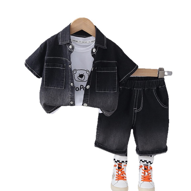 boys clothes 2025 New Fashion Boys Clothes, Solid Color Ombre Denim 3-Piece Set, Casual Summer Outfit for Toddler Kids Daily Playtime