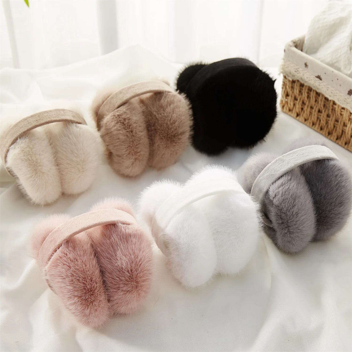 Innovative Beige Earmuffs Foldable Rabbit Fur Plush Warm Woman Ear Bag for Friends Christmas Gifts 251029