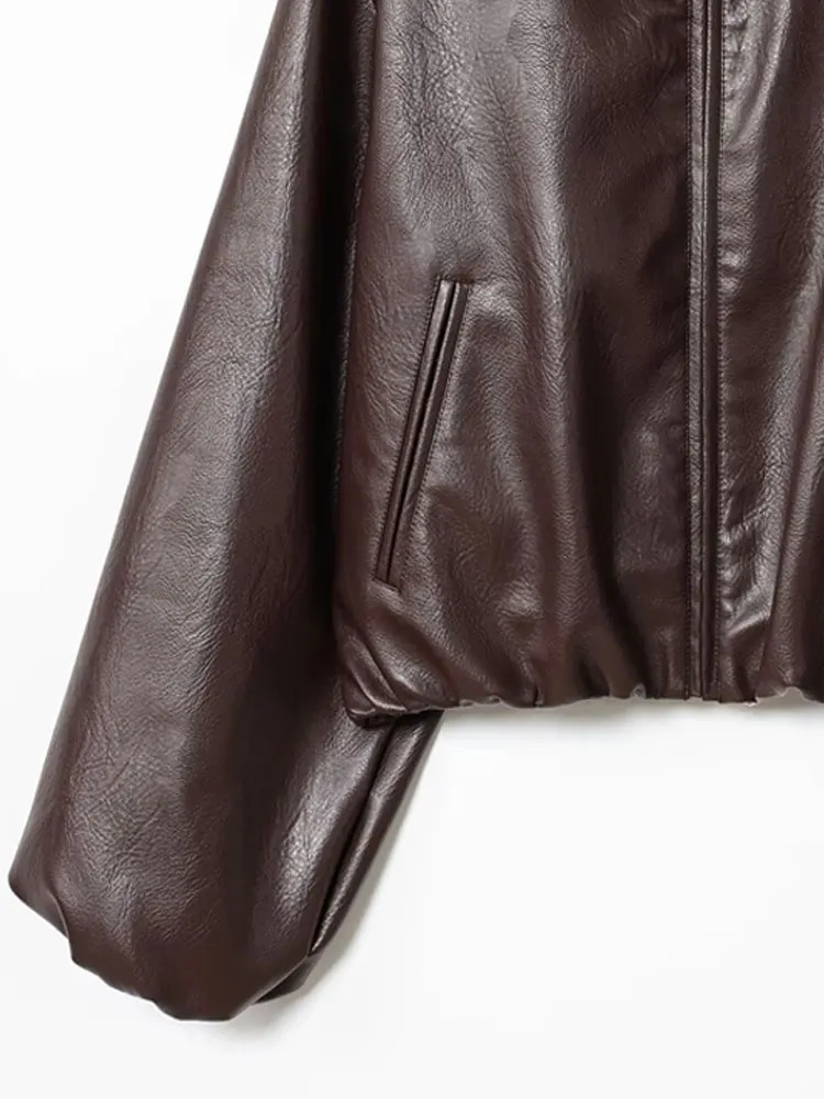 Womens Faux Leather Bomber Jacket Long Sleeve Chic Outerwear Elastic Hem Female Fashion Top 251029