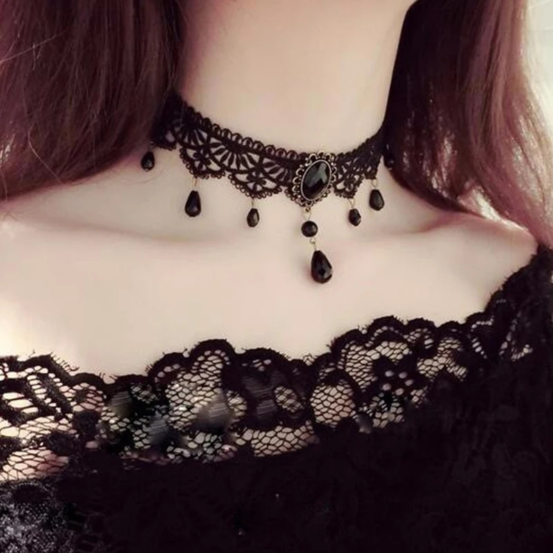 Sexy Gothic Chokers Crystal Black Lace Neck Choker Necklace Vintage Victorian Women Chocker Steampunk Jewelry 251029