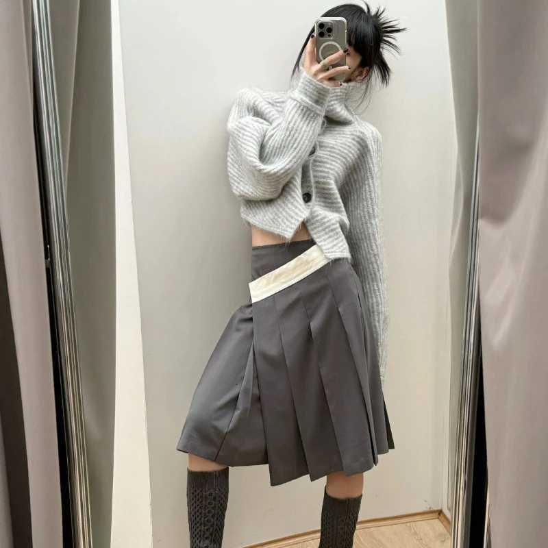 Deeptowm Y2K Gray Striped Women Sweater Vintage Turtleneck Korean Fashion Knit Cardigan Harajuku Button Autumn Loose Old MoneyT251028