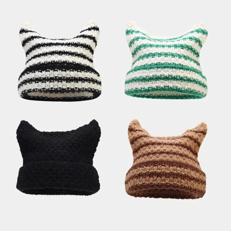 Japanese Streetwear Harajuku Beanie Little Devil Striped Knitted Hat Women Girls Autumn Winter Cute Cat Ears Cap 251029