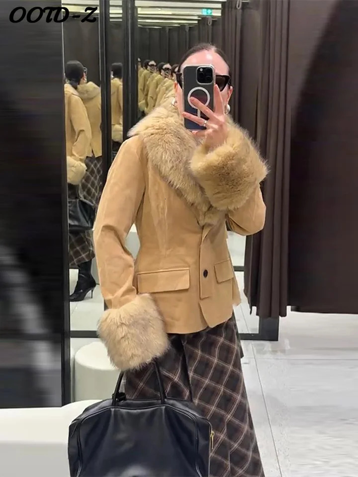 Stylish Faux Fur Patchwork Jacket Women Solid Lapel Long Sleeve Button Pocket Female Coat 2025 Autumn Winter Casual Lady Outwear 251029