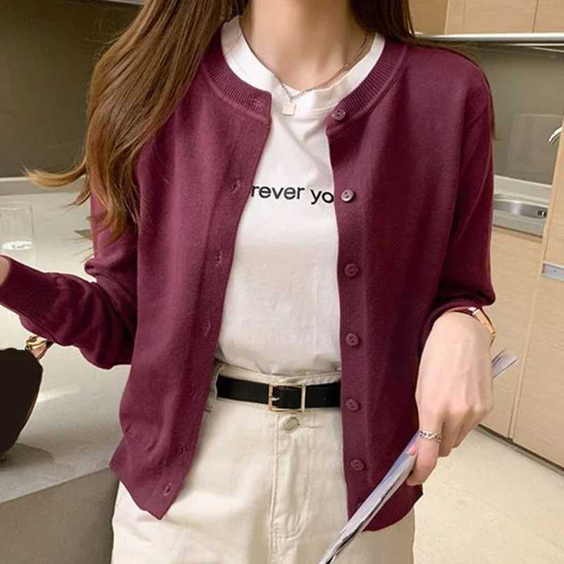 2025 Autumn Knitted Cardigan Jacket Women Cardigans Round Neck Casual Woman Solid Color Slim Korean Jumpers FemaleT251028