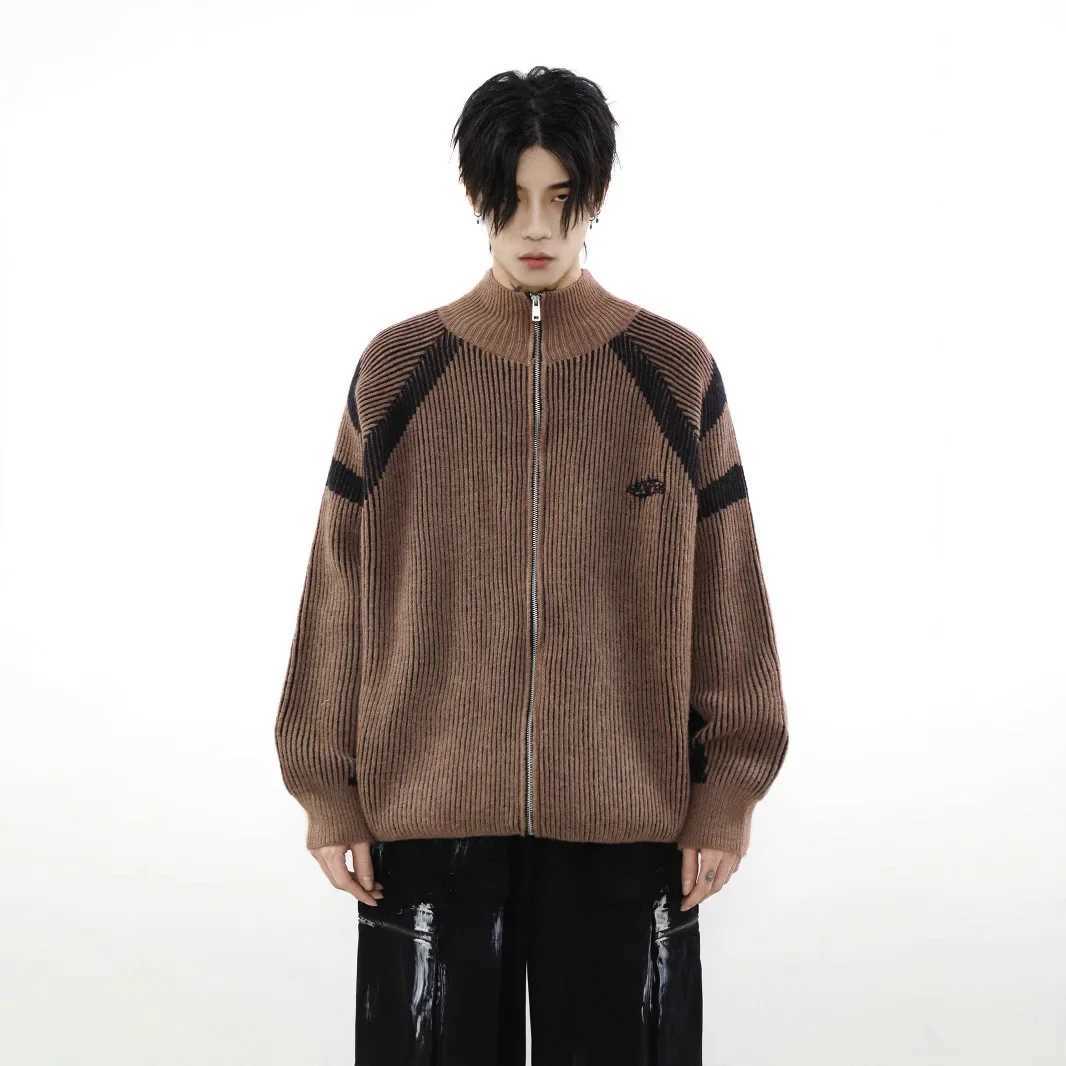 American Retro High Neck Knitted Sweater Casual Striped Mens Outerwear Spring Autumn Leisure Fashion Couples Cardigan J251029