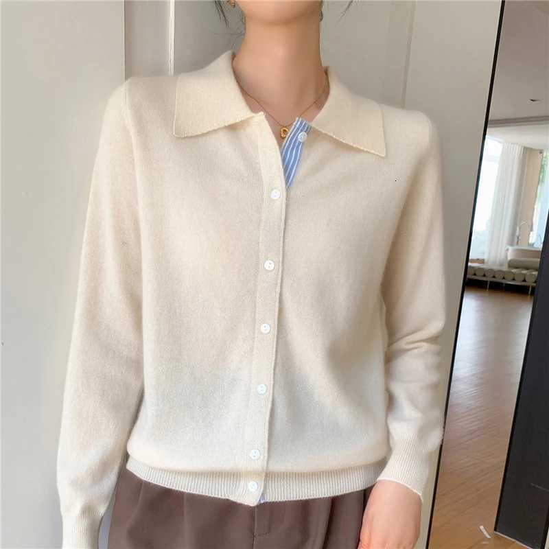 Womens Polo Collar Shirt Cardigan Merino Wool Sweater Longsleeve Color Bar Clothing Spring Autumn Warm Knitwear Female TopT251028