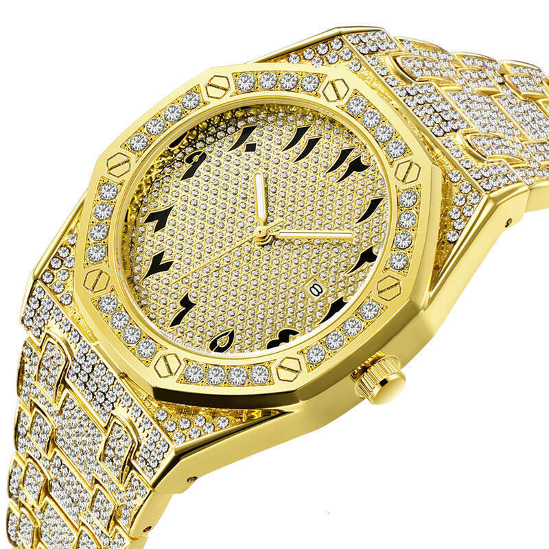 Men's Hip-Hop Diamond-Studded Brand Cool gold Calendar Quartz Watch Niche Light Luxury Style