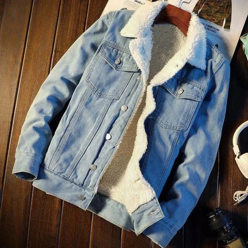 Denim Jackets Man Warm Padding Jeans Coat for Men Padded Black Wool Slim Fit with Sheep Fashion Winter Size L Trendy Large 251024