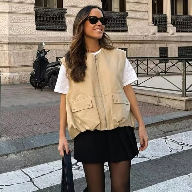 MUJER Ruched Sleeveless Vest Women Zip Loose Summer Vests for Women Streetwear Womens Jackets Holiday Casual Vest Top Women 251029