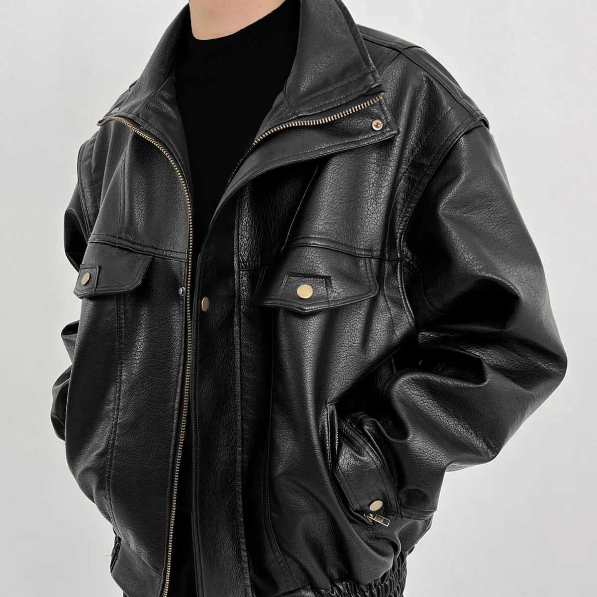 American Vintage New Fashion Mens Solid Color Thicken Casual Trendy Turndown Collar Long Sleeve Zipper PU Jackets Male CoatsT251029