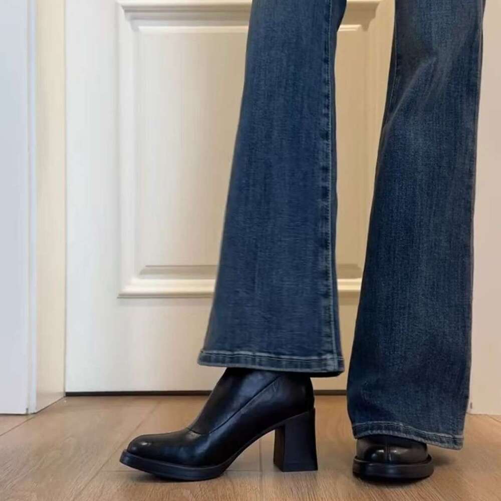 Designer Shoe Cowhide Version ~ Minimalist New Black Versatile Stretch Slim for Women with Back Zipper High Heel Slimming Short Boots