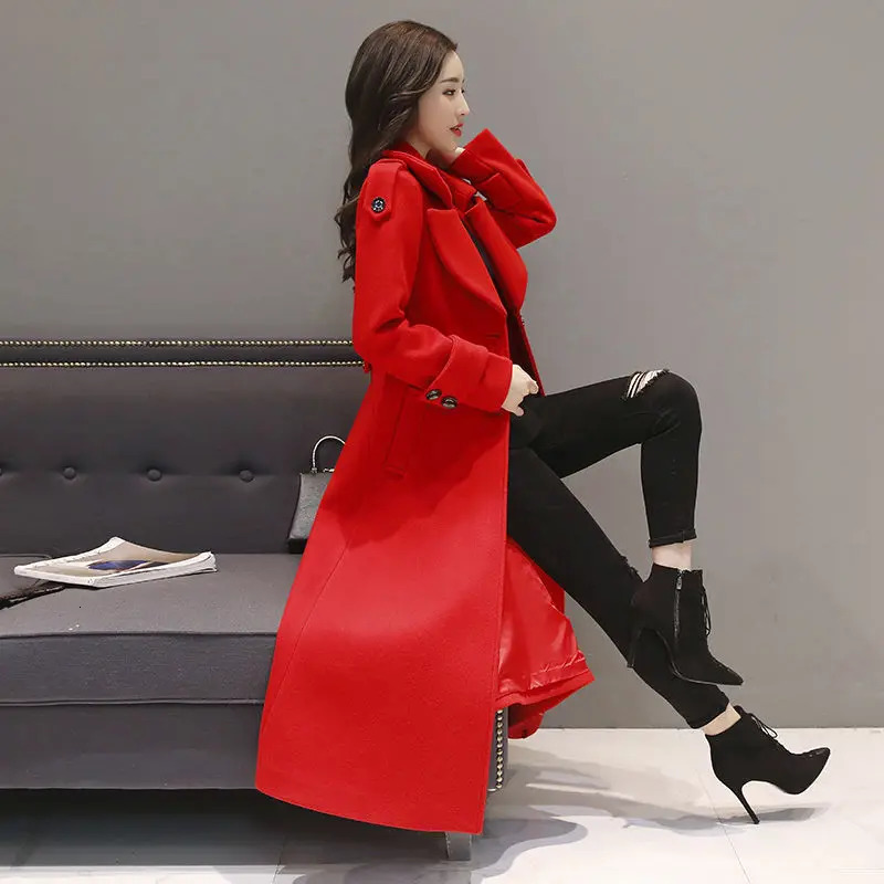 Womens Long Woolen Coat Spring Autumn Korean Waist Slimming OverKnee Thick Keep Warm Woolen Coat Lady Overcoat 251029