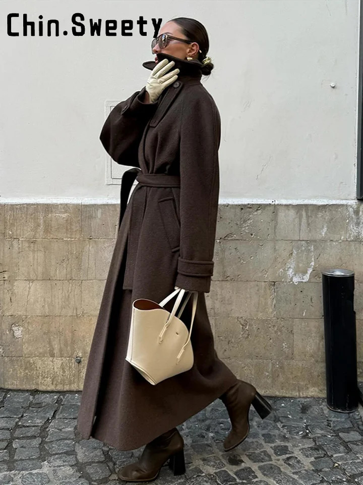 Elegant Brown Lapel Long Woolen Coats Women Stand Collar Hidden Single Breast Lace Up Coat 2025 Autumn Winter Lady Thick Jackets 251029