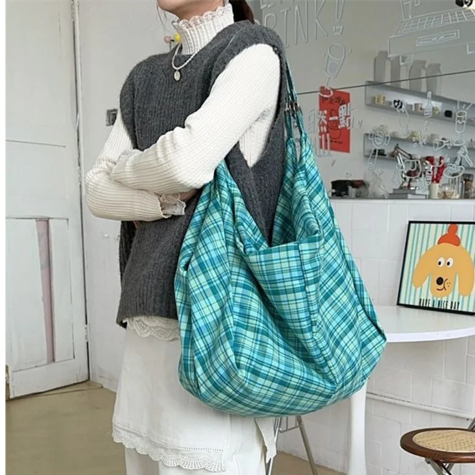 Retro Plaid Tote Bag Plaid Shoulder Bags Canvas Underarm Bag Large Capacity NonAdjustable Strap Singleshoulder Bag Commuting 251029