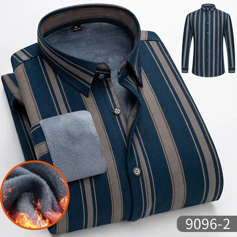 Mens Striped Long Sleeve Warm Shirts Singlebreasted Turndown Collar Business Shirt Fleece Lined Tops for Men 251029