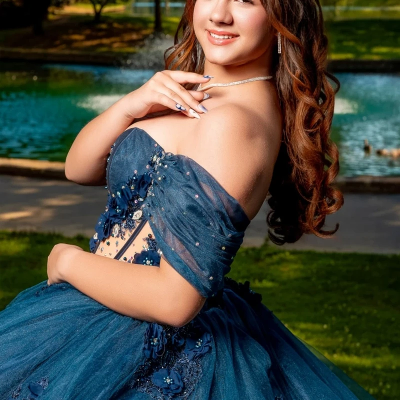 Navy Blue Shiny Princess Off the Shoulder Sweet 16 Dress Quinceanera Dresses Applique Flower Beading Tull Party Birthday Vestidos 15 Anos
