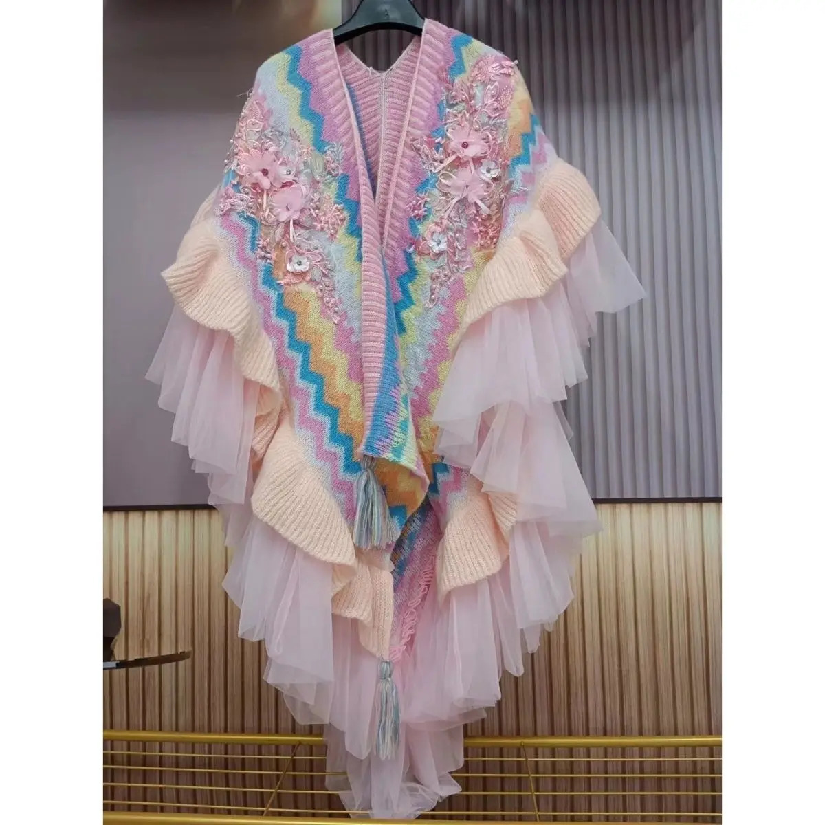 3D Flowers Embroidered Rainbow Knitted Shawl Mesh Spliced Ruffles Sweater Coat Irregular Gauze Ruched Scarf Cape Cardigan Poncho 251029