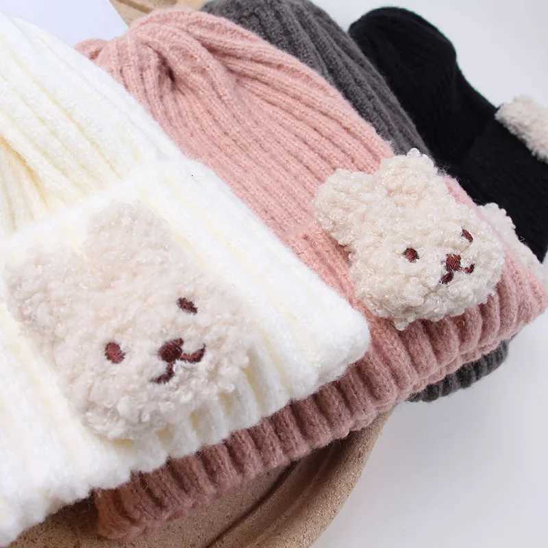 Cute Bear Baby Beanie Korean Bear Kids Knitted Hat 25year Boys Girls Winter Warm Crochet Bonnet Solid Color Woolen Skullies Cap251028