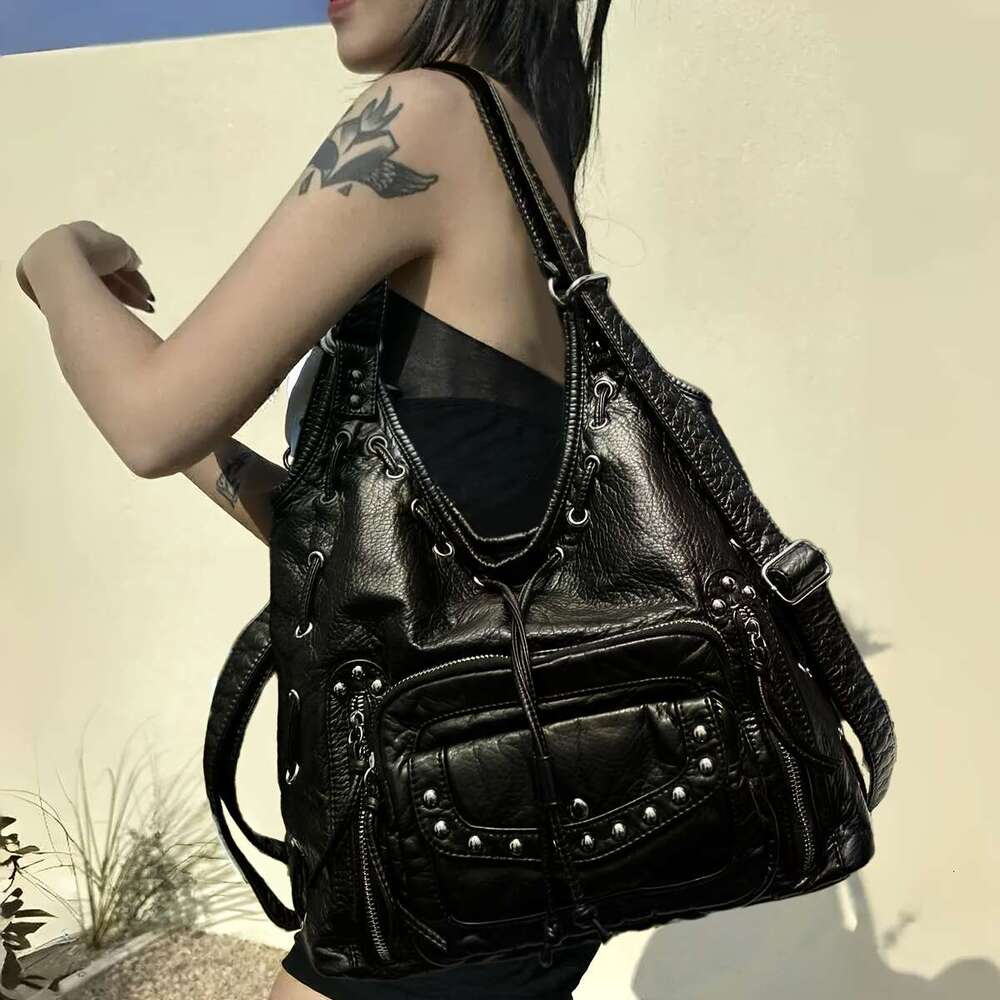 Large Capacity Crossbody Retro Purse With Multiple Zippered Pockets, Detachable Strap Edgy Gothic Handbag Women, Vegan Synthetic Leather