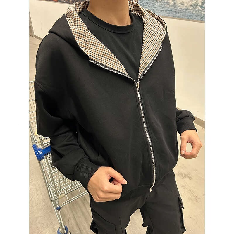 American High Street Reversible Houndstooth Zipper Hooded Sweatshirt Men's Casual Designer Jacket Vibe Cardigan Jacket Trendy