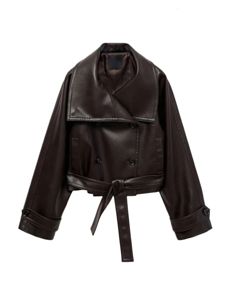 Street Womens Cropped Leather Jackets With Belt Lapel Double Breasted Pockets Full Sleeve Coat 2025 Autumn Lady Vintage Outwear 251029