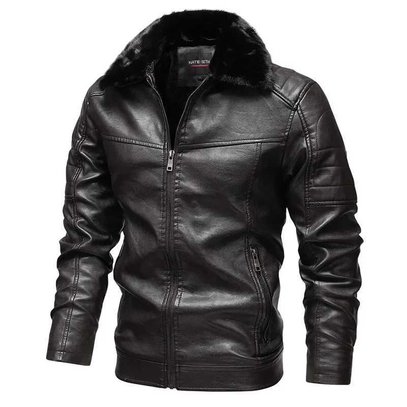Mens Leather Jacket New Lapel Fur Collar Removable Mens Pu Leather Biker Jacket Plus FleeceT251029