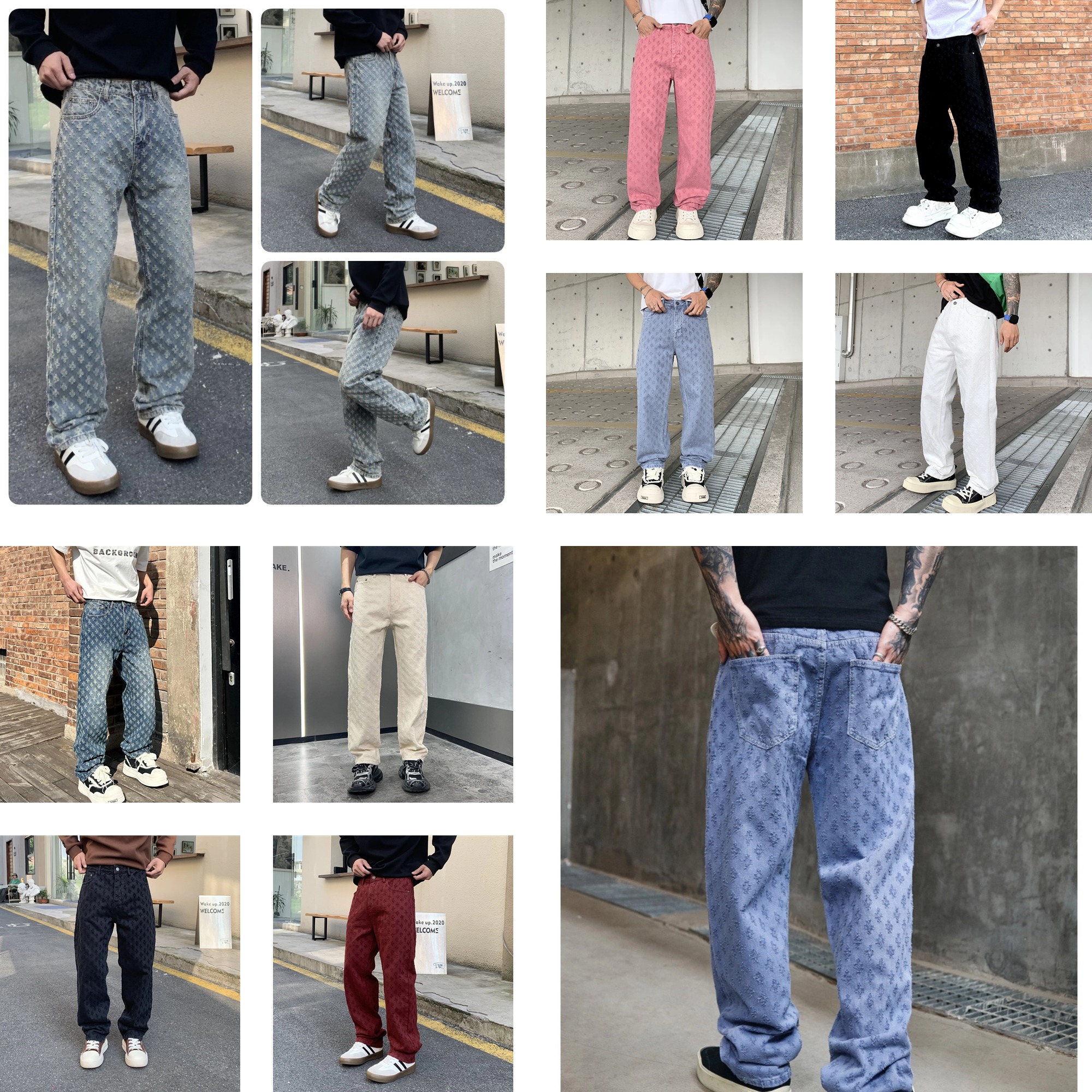 Designer Men's Jacquard Jeans Washed Denim Workwear Pants Vintage Cotton High Street Fashion Loose Fit Women Straight Leg Hip Hop baggy jeans for