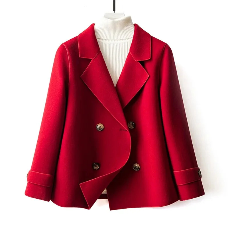 HighQuality DoubleSided Woolen Coat For Women 2025 Short Temperament Doll Neck Mothers Outfit Woolen Coat Female Red Came 251029