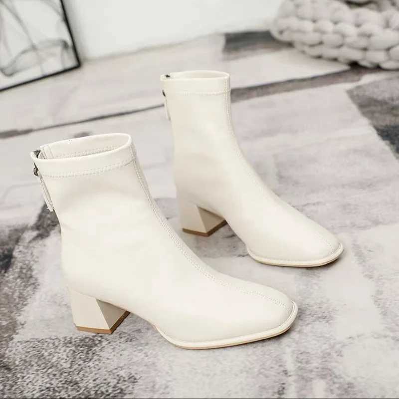 Square toe women ankle boots flock stretch shoes thin mid heels blackbrownbeige back zipper dress sock boots woman size 3440 Z251029