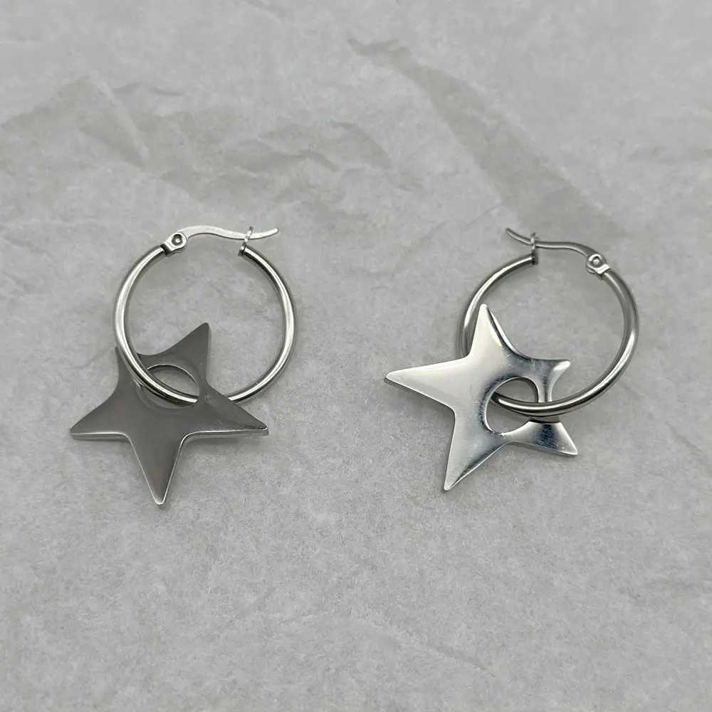 Grunge Aesthetic Stainless Steel Star Irregular Pentagram Hoop Earrings for Women Y2K Hiphop Punk Party Club JewelryW251029