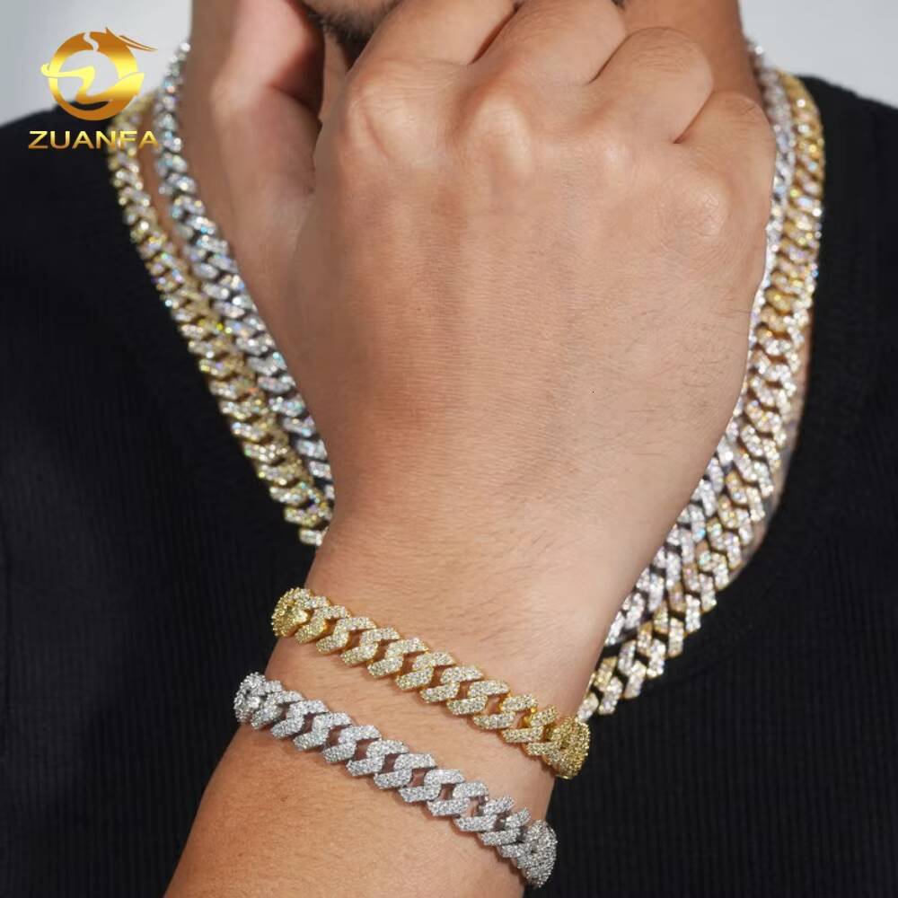 Source Factory 10mm Moissanite Chain Cuban Links Prong Chain Pass Diamond Tester 925 Silver Cuban Link Chain Necklace 2 Tone