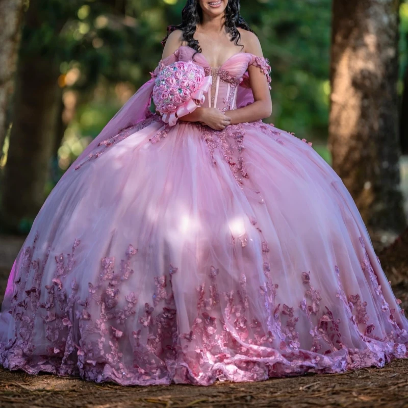 Pink Ball Gown Quinceanera Dresses Off The Shoulder Applique Bow Tull Beads Corset Party Birthday Sweet 16 Dress Vestidos 15 de anos