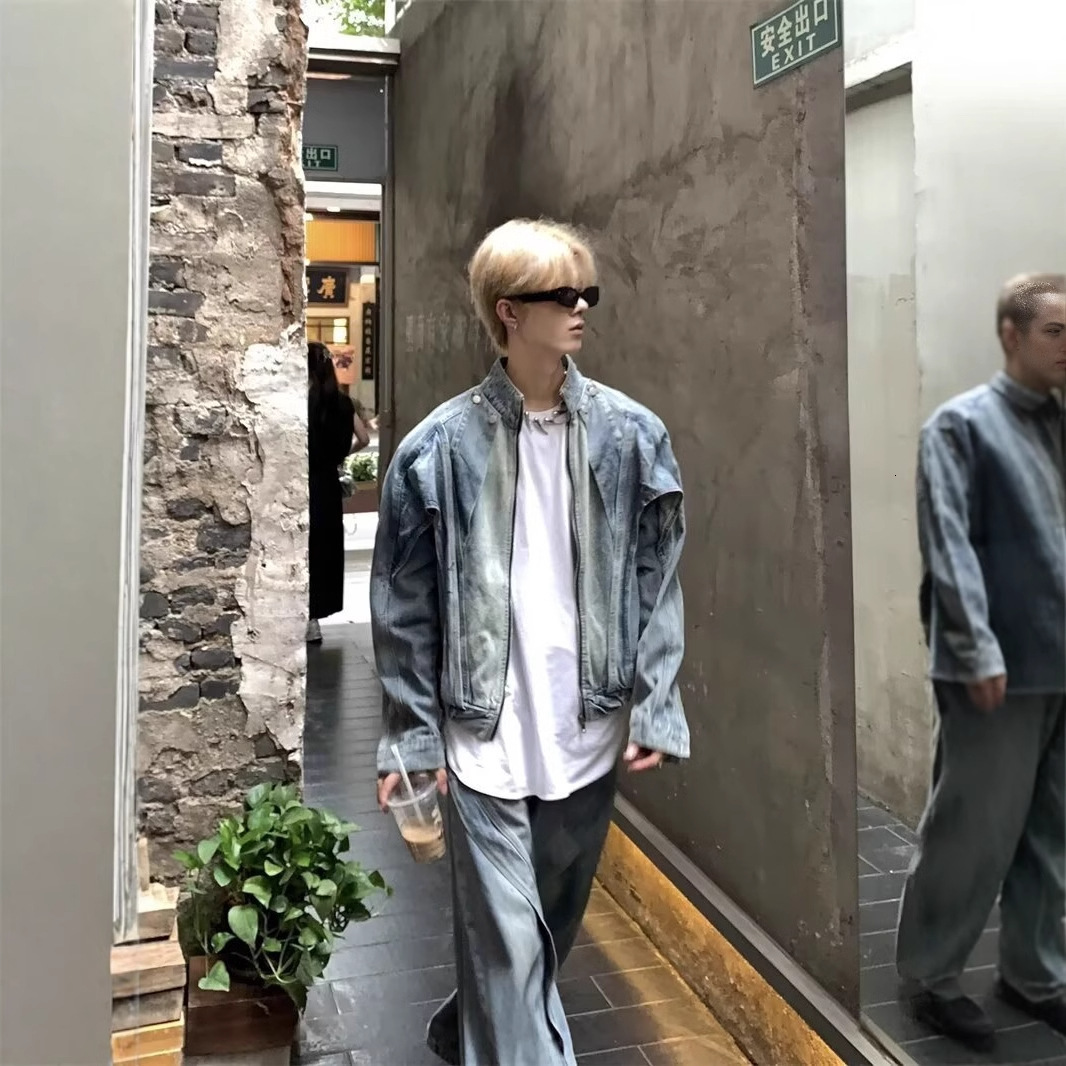 American Style Deconstructed Washed Vintage Designer Jacket Design Stand Collar Denim Jacket For Men Spring Autumn Trendy Brand Casual Loose Fit
