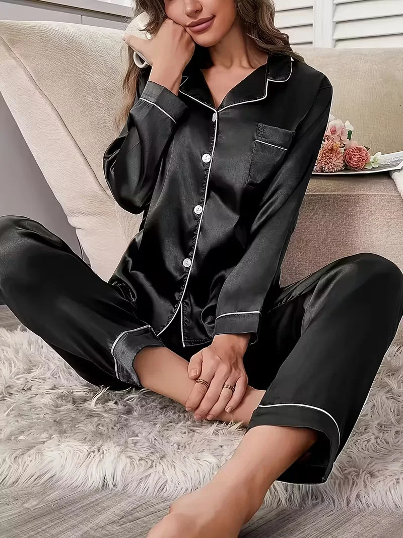 Autumn Winter Silk Pajamas Set for Women Casual Soft Breathable and Relaxed Fit Long Shirt Tops and Long Pants Sleepwear 251029