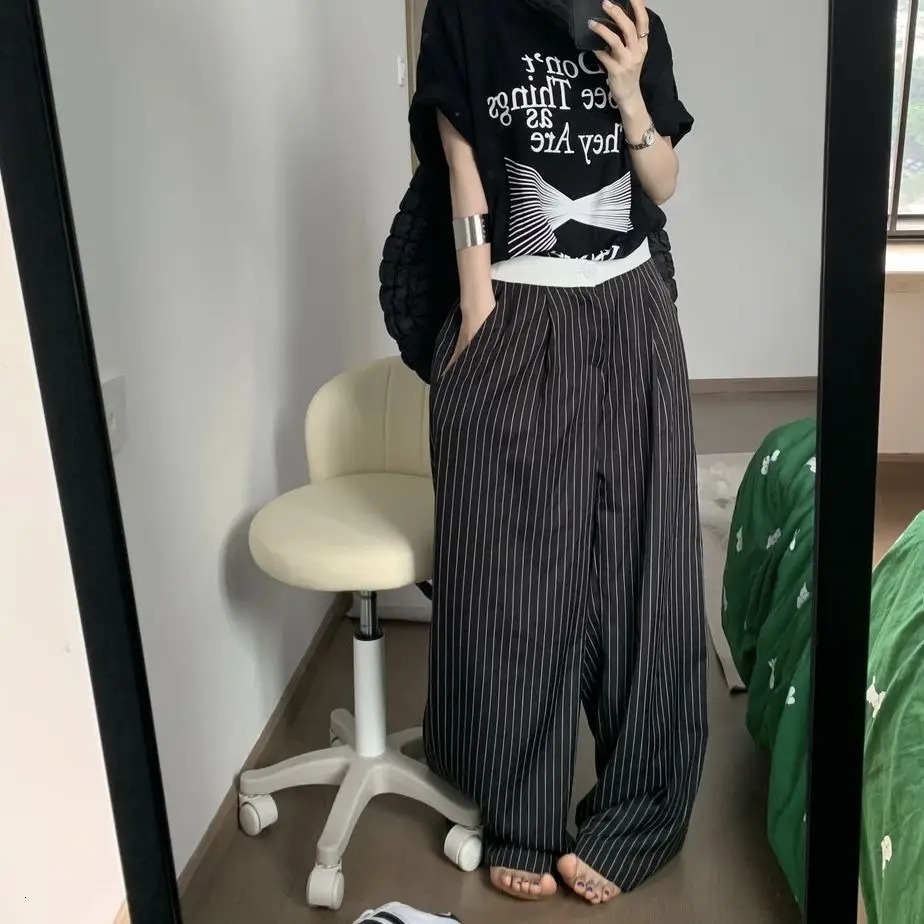 Spring Casual Striped Print High Waist Wide Leg Patchwork Pants Womens Baggy Fashion Loose Fit Soft Full Length Trousers 251029