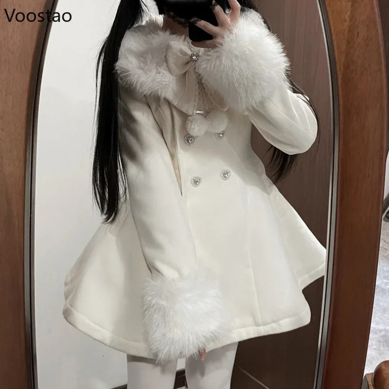 Autumn Winter Japanese Kawaii Lolita Woolen Coat Women Sweet Bow Plush Slim Jacket Female Korean Style Warm Dress Cute Overcoat 251028