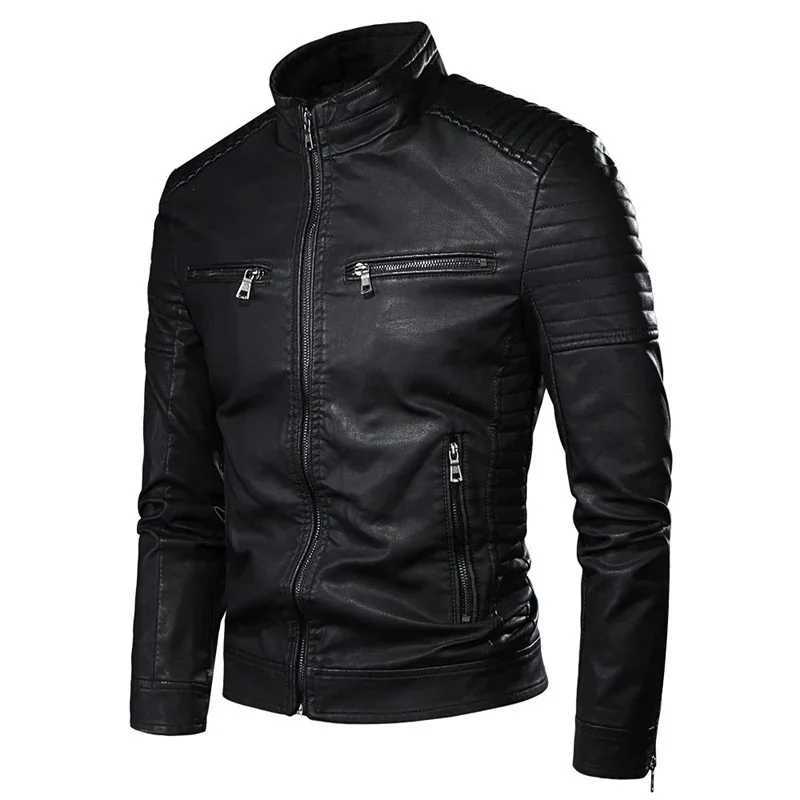 Autumn New Men Coat Solid Colors Leather Coats Stand Collar Motor Slim Multi Pockets Jackets Male Classic Leather JacketT251029