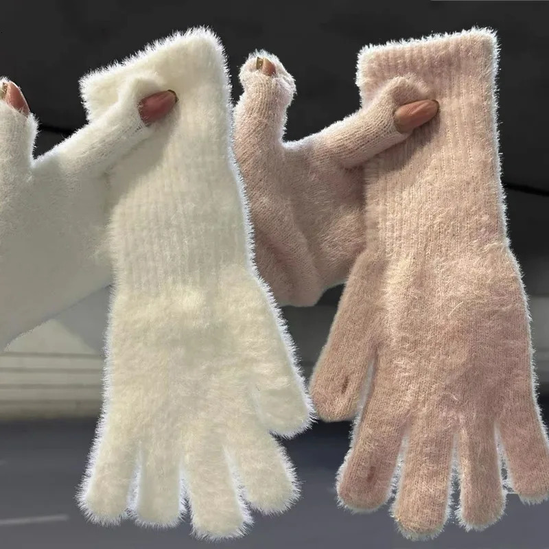 Sweet Mink Wool Long Gloves Women Winter Thicken Knitted Warm Short Fluffy Plush Mittens Protective Arm Anticold Outdoor Gloves 251029