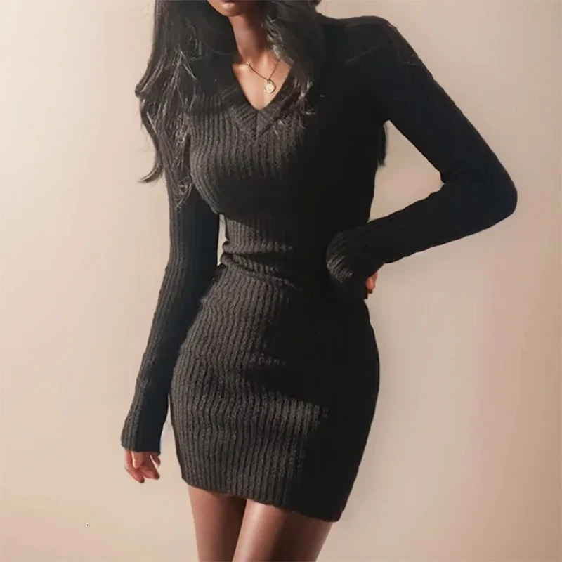 Women Autumn Long Sleeve Bodycon Dress Casual Solid Midi Sweater Dress Knit VNeck Slim Sexy Dresses For Women Winter 251029