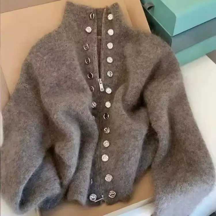 Luxury Fluffy Knitted Cardigans Sweater Design Double Breasted Sweater Coat Women Autumn Winter Highend Lazy Zipper Knit TopT251028