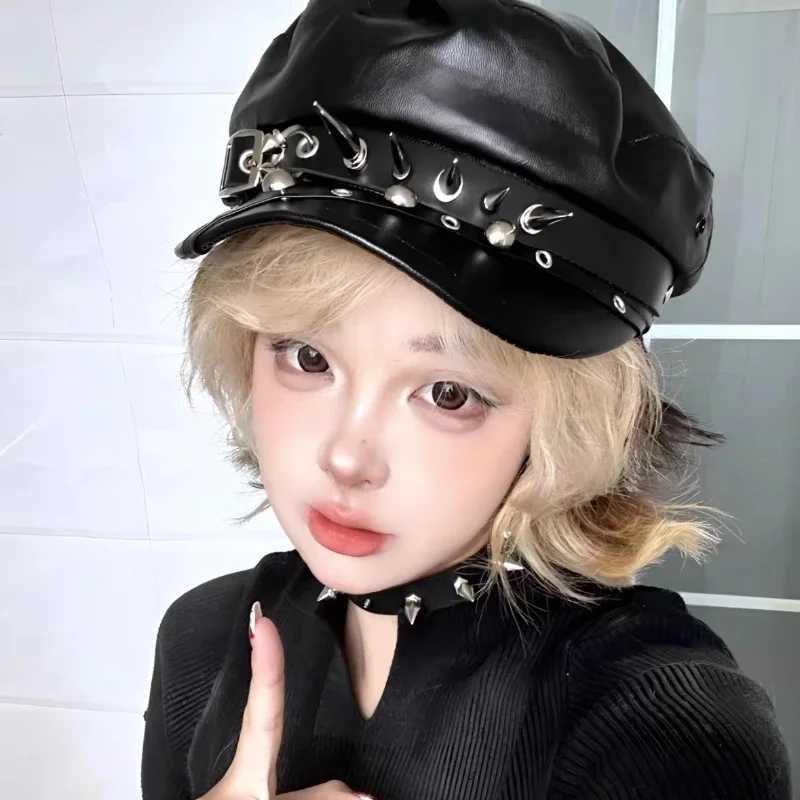 Y2K Wasteland Style Womens Trendy Leopard Rivet Beret Pu Leather Flat Top Captain Military Caps Womens Accessories Boina Mujer