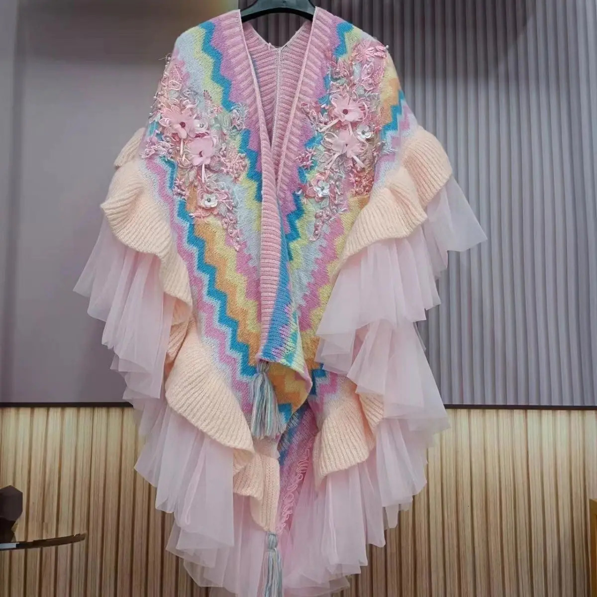 3D Flowers Embroidered Rainbow Knitted Shawl Mesh Spliced Ruffles Sweater Coat Irregular Gauze Ruched Scarf Cape Cardigan Poncho 251029