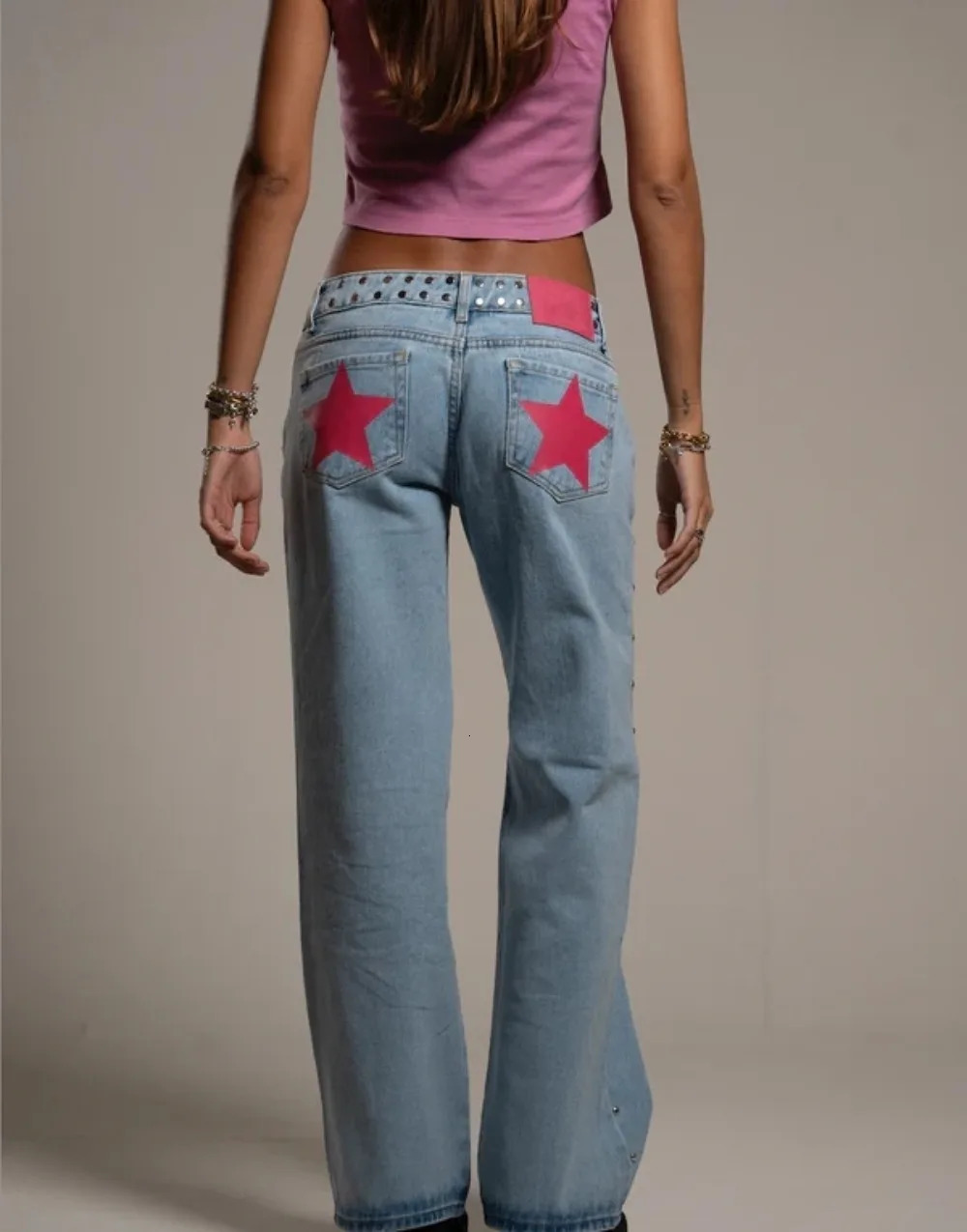 Vintage FivePointed Star Print High Waited Jeans Woman Street Harajuku Baggy Jean Clothing Casual Straight Denim Pants 251015
