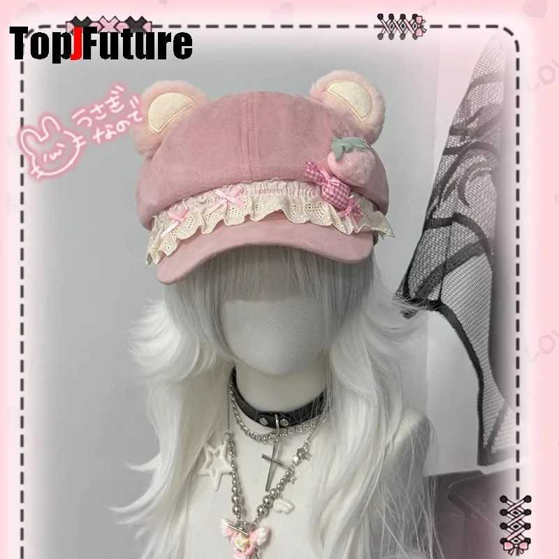 Y2K Womens Bear Ear Ballet Style Beret Dark Gothic Lolita Japanese Trend Neutral Black Painter Hat Octagonal Cap for Cosplay