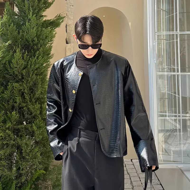 SYUHGFA Korean Style Mens Coats PU Leather Crocodile Pattern Round Collar Single Breasted Solid Color Casual Male Jackets 2024T251029
