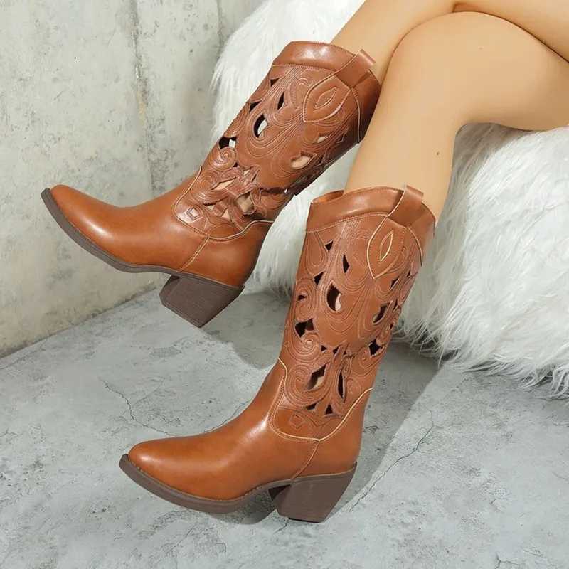 2025 Hollow Embroidered Vintage Western Boots Women Autumn Chunky Heels Knee High Cowboy Boots Woman Pu Leather Knight Booties Z251029
