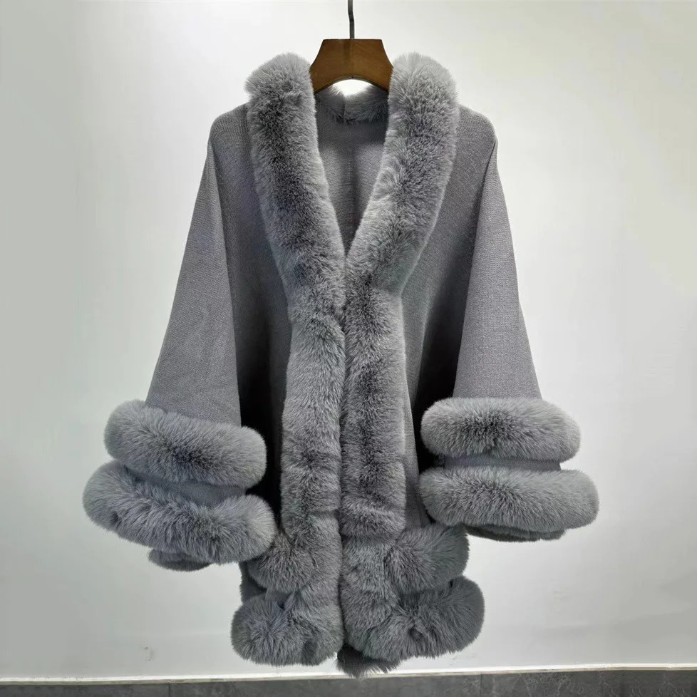Women 2 Circle Wraps Long Faux Rabbit Fur Cape Poncho Winter Loose Thick Warm Shawl Outerwear Knitted Cloak Overcoat 251029