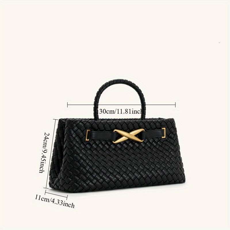 2025 New Woven Genuine Leather For Women Capacity Shoulder Bag With Kiss Lock Closure, Versatile Commuter Style In Black, White, Red, Olive Green
